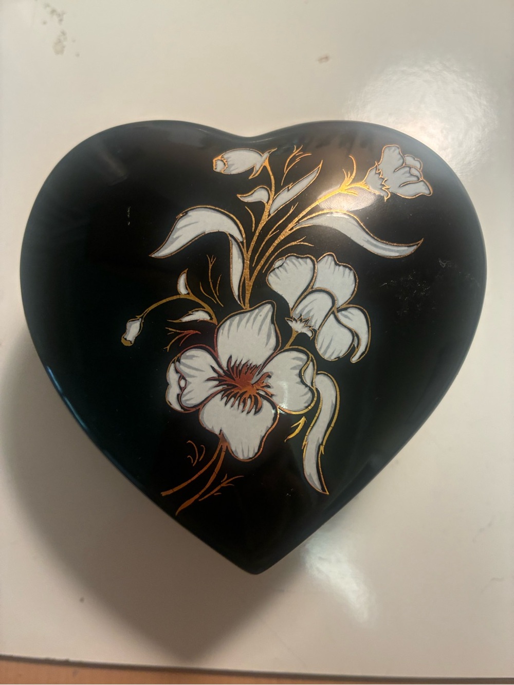 Black Heart-Shaped Decorative Box with White Floral Design